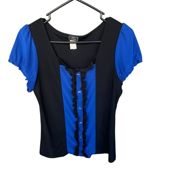 Solar Ruffle Blouse Womens Small (marked XL) Y2K Colorblock Rhinestone Button - Picture 1 of 8